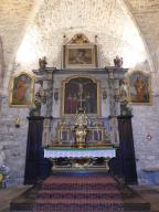 ensemble du maître-autel (autel, tabernacle, retable et tableaux de La Crucifixion et saint Jean-Baptiste)