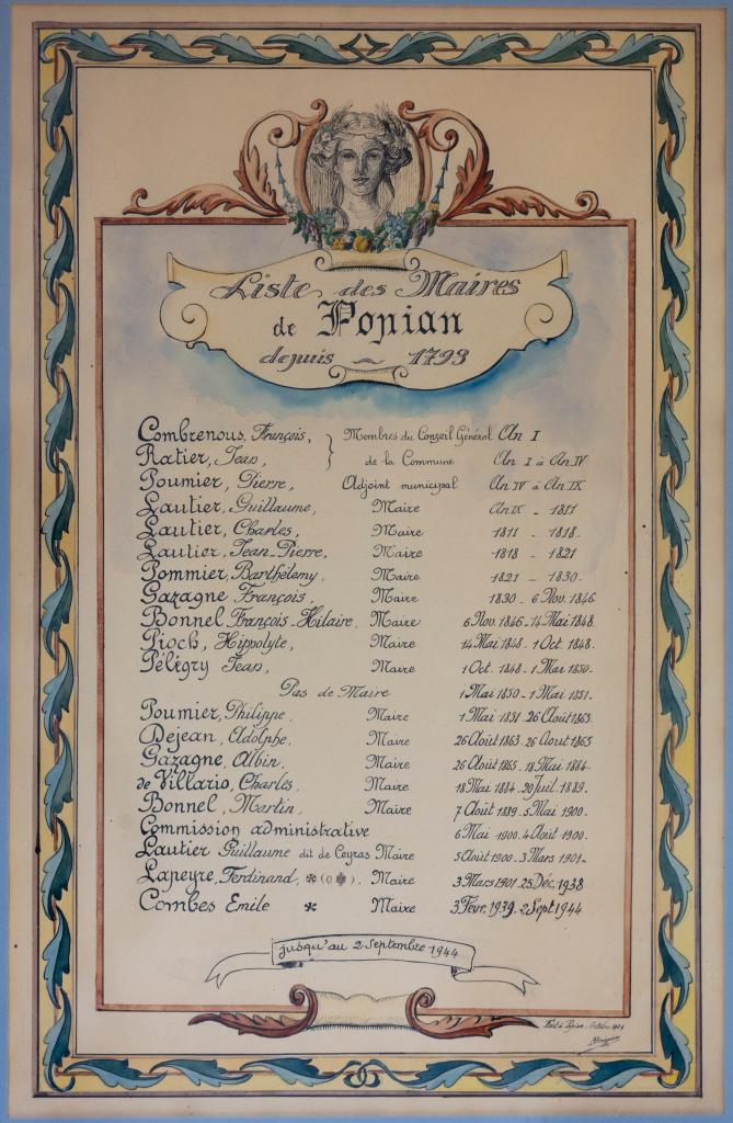 tableau commémoratif, (image de commémoration) des Maires de Popian