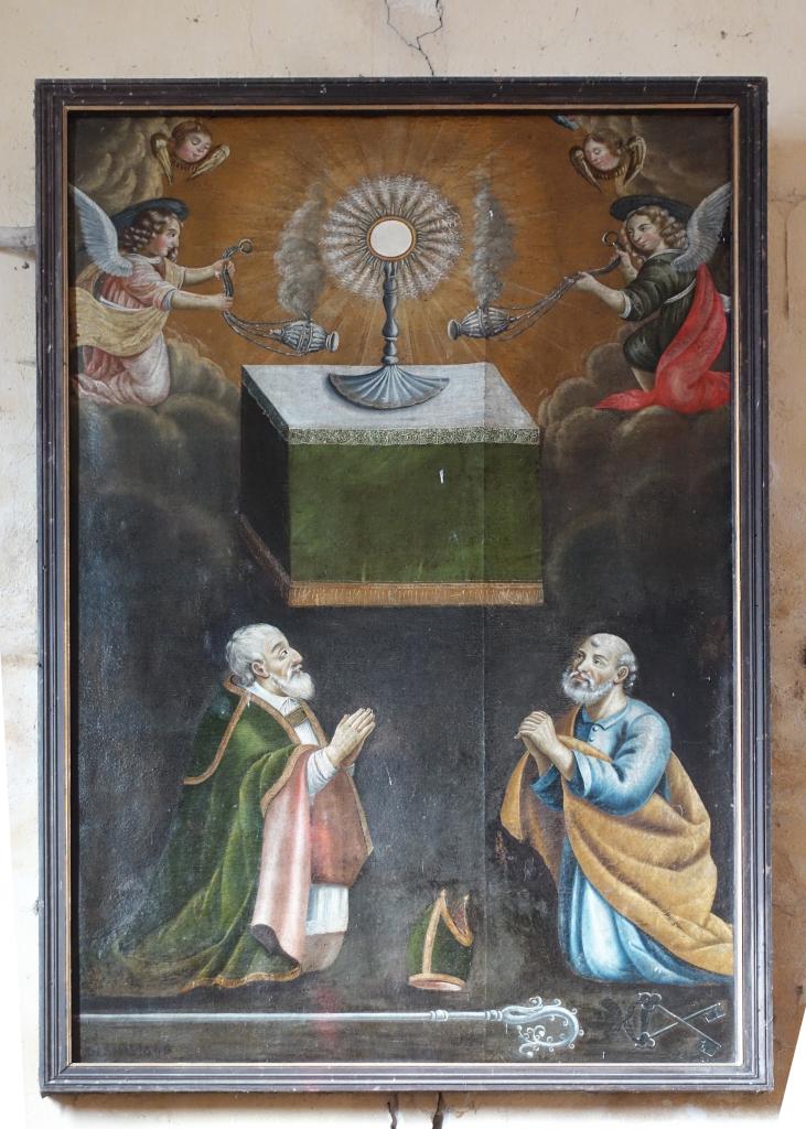 tableau : Adoration du saint Sacrement par un évêque et saint Pierre