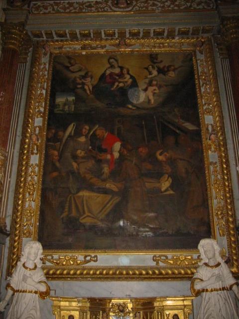 retable et tableau de la Dernière communion de saint François d'Assise en présence de la Vierge à l'Enfant