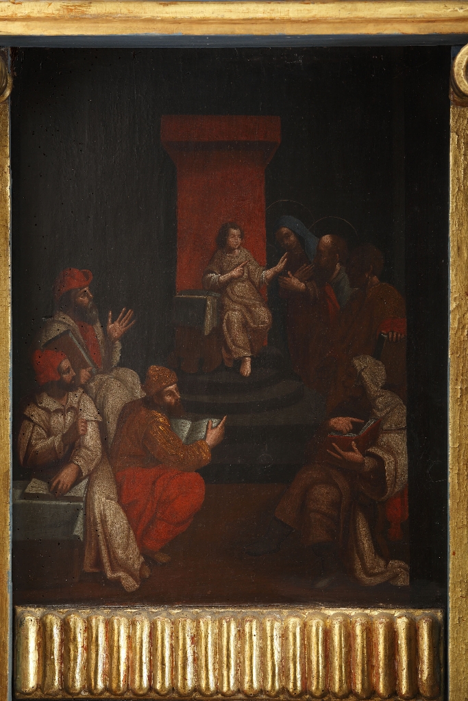 Tableau panneau : Jésus devant des Docteurs, retable du Rosaire