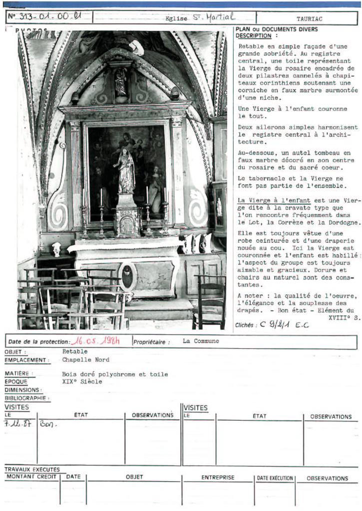 ensemble de l'autel secondaire dédié à la Vierge : autel tombeau, retable architecturé à ailes, 2 statues : Vierge à l'Enfant, et tableau : Le don du rosaire à saint Dominique et sainte Catherine