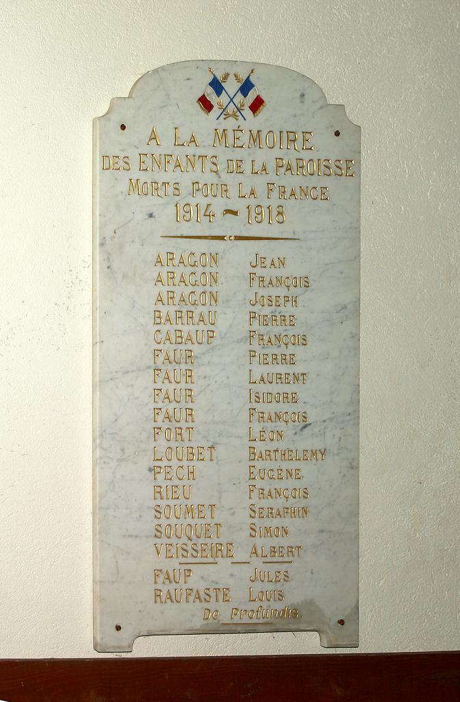 monument aux morts (plaque commémorative) de la guerre de 1914-1918