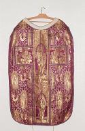 ensemble d'un ornement violet (chasuble, étole, manipule et bourse de corporal), de style néo-gothique : Ornement angélique, Christ du Sacré-Coeur adoré par des anges