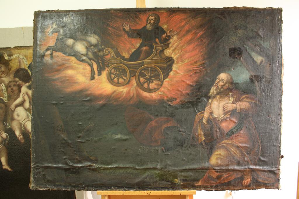 cheminée, avec tableau d'Elie sur son chariot de feu