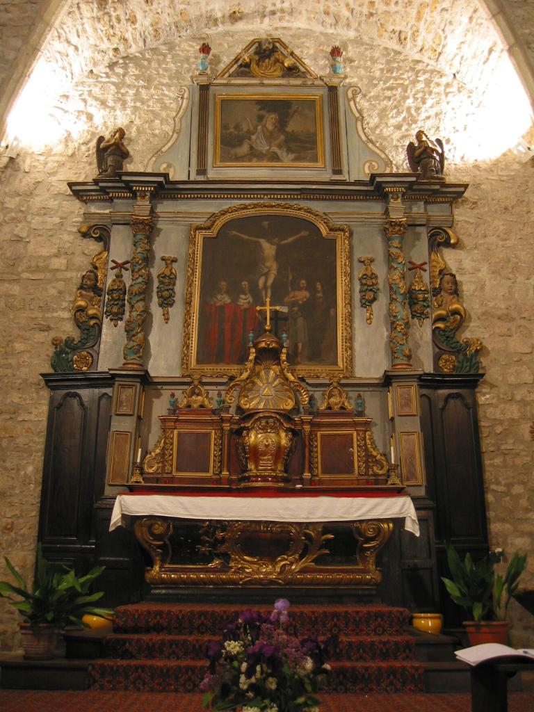 ensemble du maître-autel (autel, tabernacle, retable et tableaux de La Crucifixion et saint Jean-Baptiste)