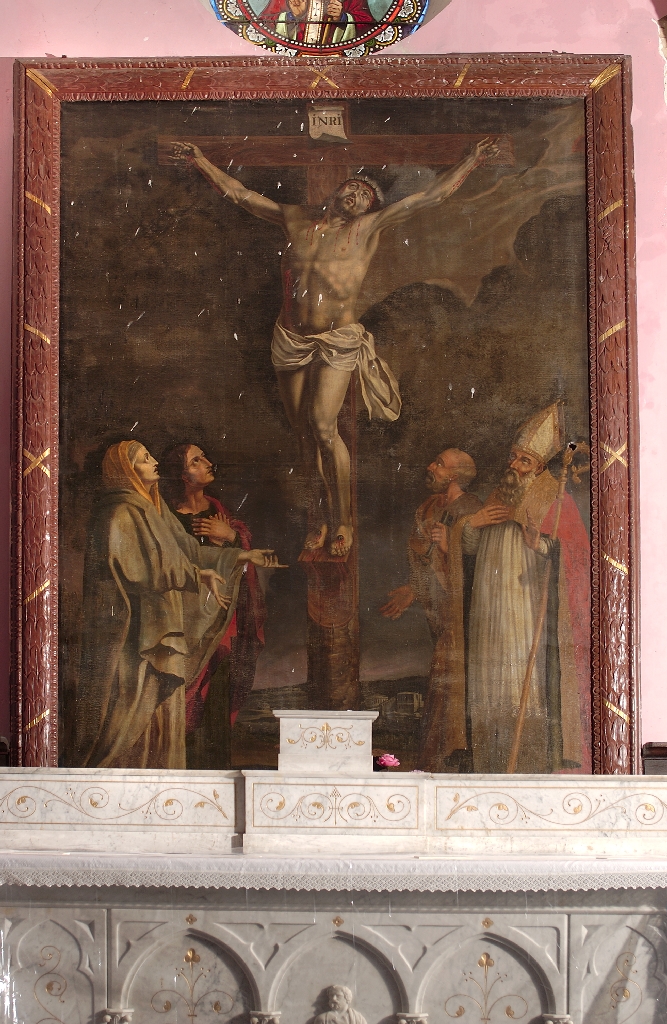 tableau d'autel et son cadre : Calvaire avec saint Pierre et saint Martial