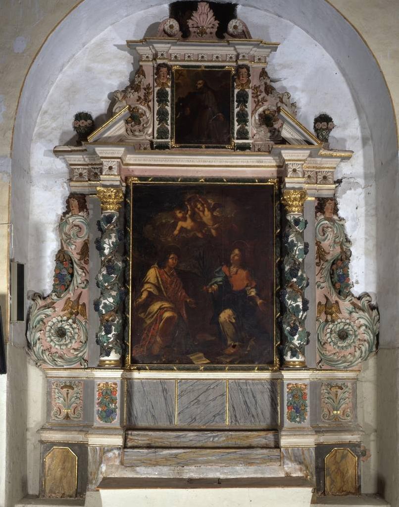 Retable de saint Côme et saint Damien, statues, 2 tableaux : saints Côme et Damien en pière, saint François-d'Assise