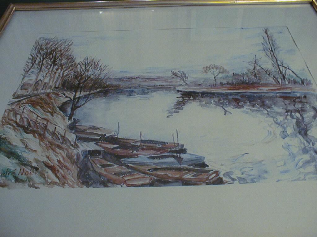 dessin (aquarelle) et son cadre : Paysage hivernal