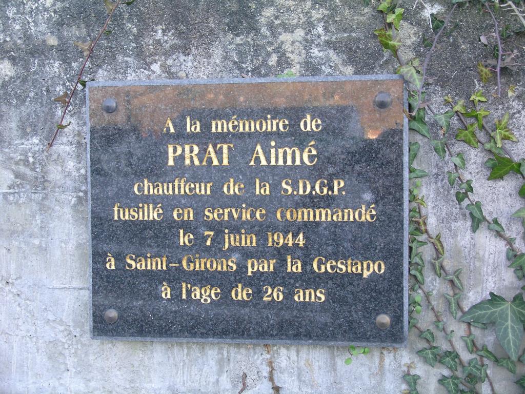 plaque commémorative de la guerre de 1939-1945 dédiée à Aimé Prat