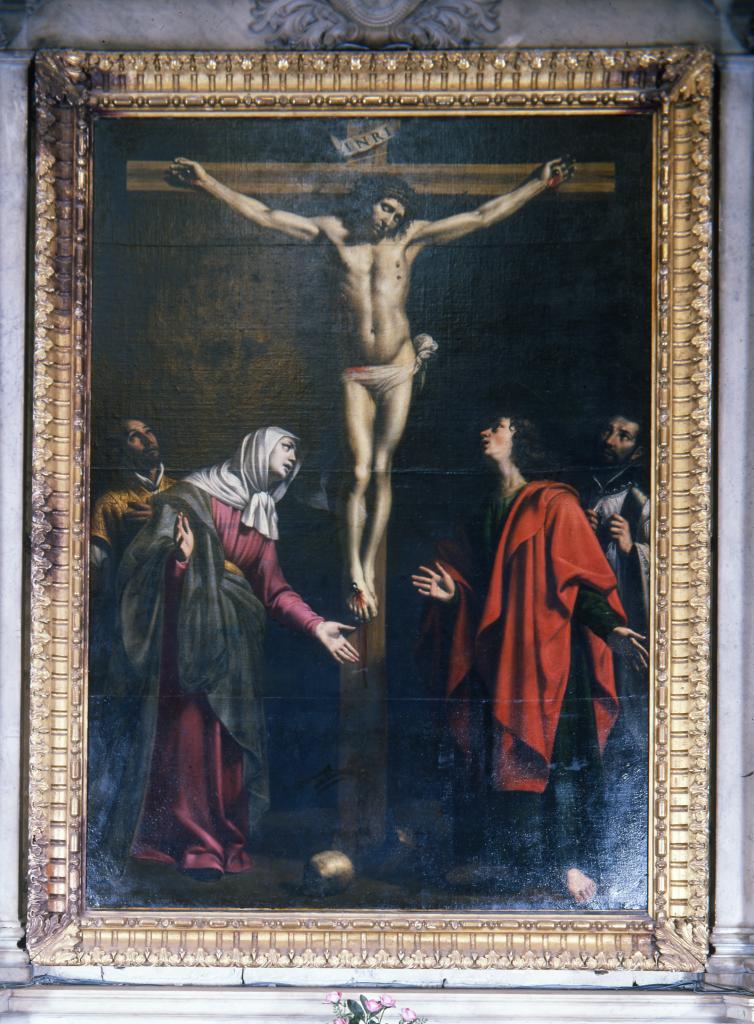 tableau : le Christ en croix entre la Vierge, saint Jean, saint Ignace et saint François-Xavier