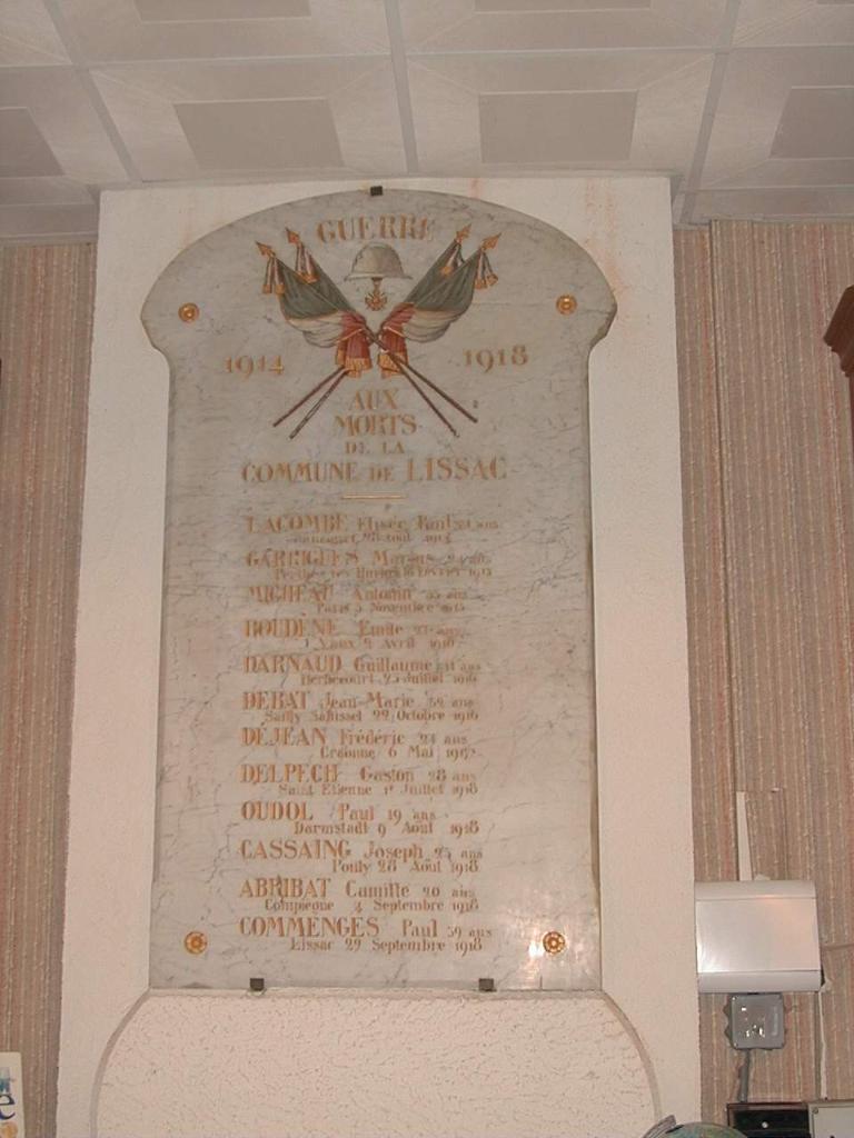 plaque commémorative des morts de la guerre de 1914-1918