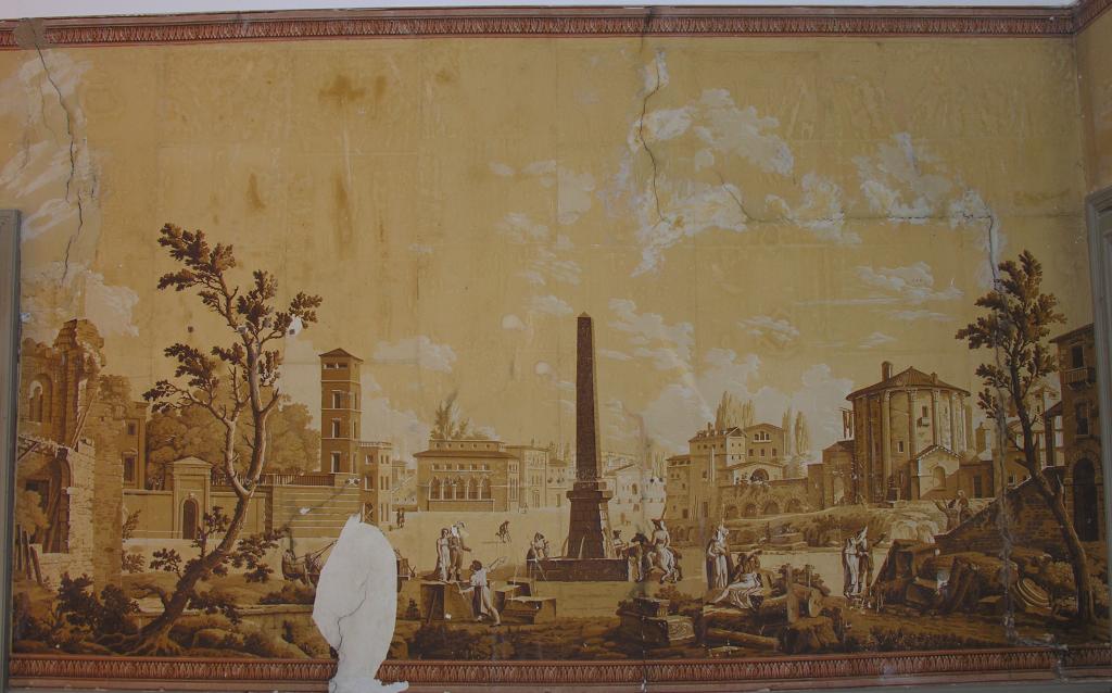 garniture architecturale : papier peint panoramique (""Campagne romaine"").