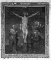 tableau : Christ en croix avec la Vierge et saint Pierre