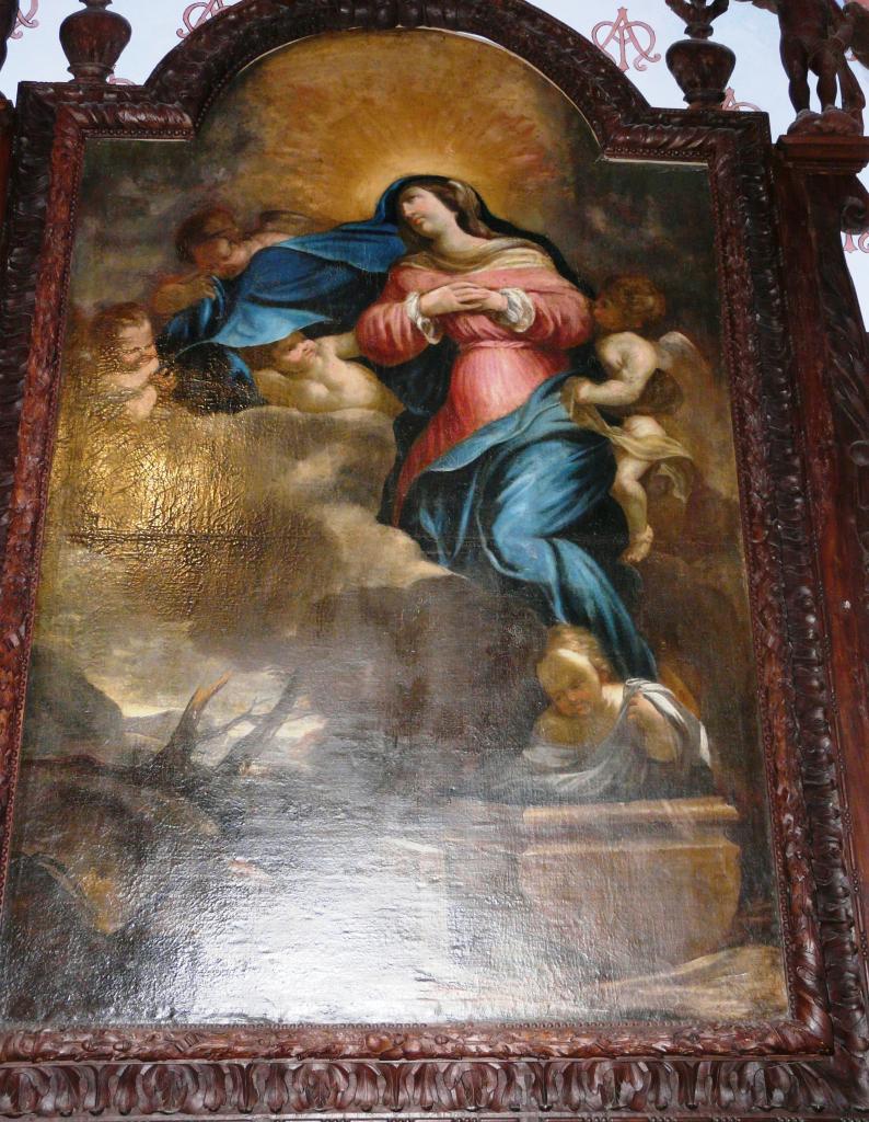 ensemble de l'autel secondaire dédié à l'Assomption de la Vierge : autel tombeau, gradin d'autel, retable, tableau : Assomption de la Vierge