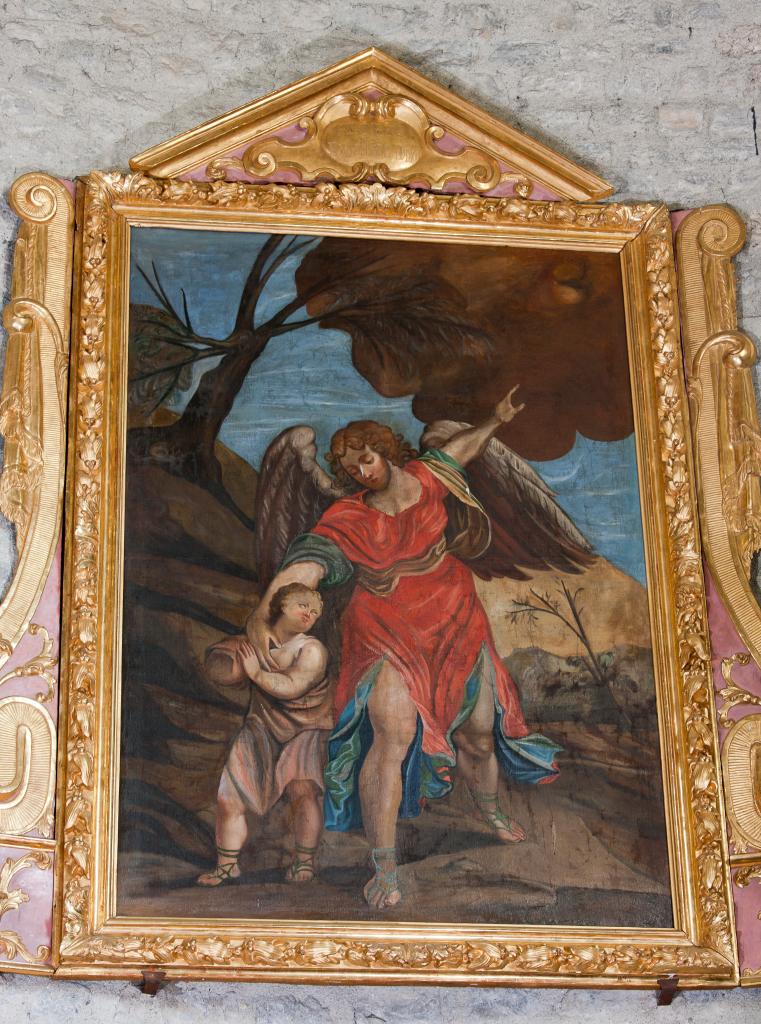 ensemble d'un cadre-retable et de son tableau : l'Ange gardien avec Tobie