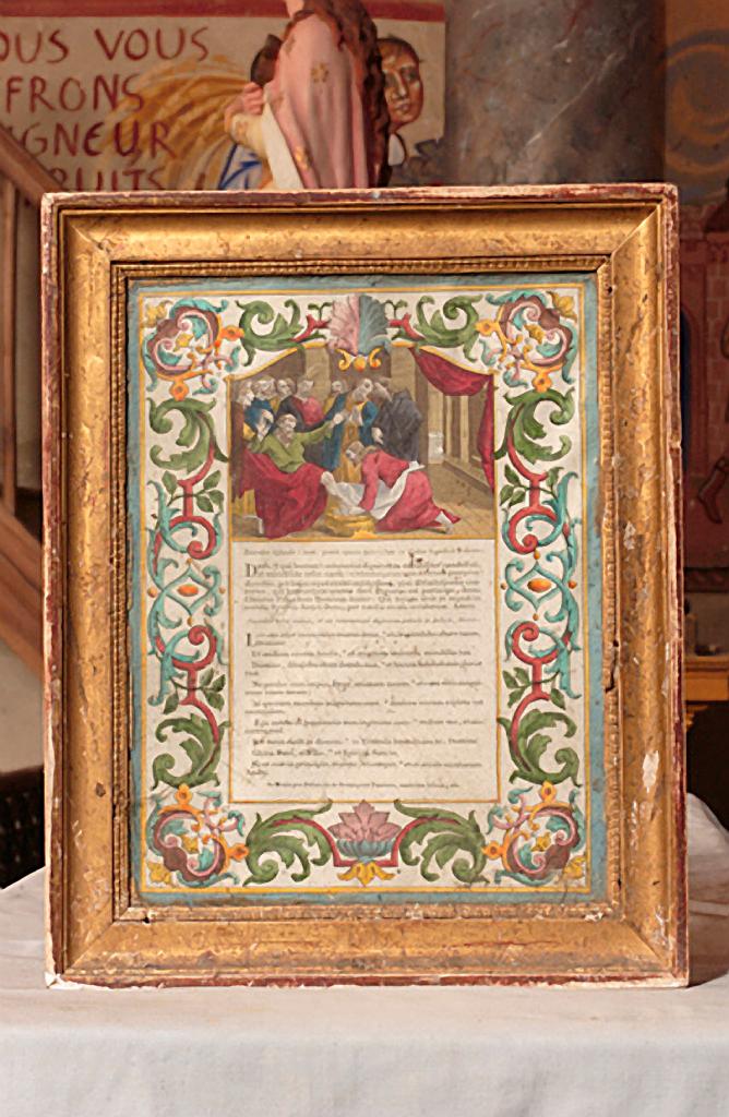 ensemble de trois canons d'autel (canon du dernier évangile) et de leurs cadres : Saint Jean l'Evangéliste écrivant l'Apocalypse à Patmos, Lavement des pieds, Calvaire avec sainte Marie-Madeleine