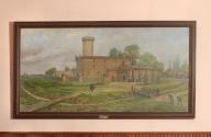 tableau et son cadre : Vue du château et de l'église de La Tour-du-Crieu au Moyen-Age