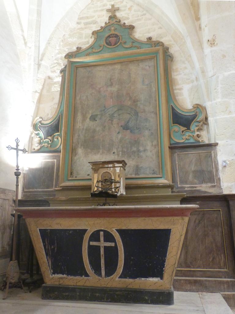 ensemble du retable de la Vierge : autel tombeau, tabernacle architecturé, tableau et son cadre : l'Assomption de la Vierge