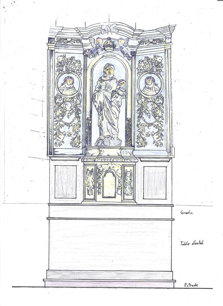 ensemble de l'autel secondaire dédié à la Vierge du Rosaire : retable architecturé, autel tombeau, gradin d'autel, statue : Vierge du Rosaire