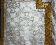 Dessin textile : croix grecques et cercles imbriqués formant rosaces