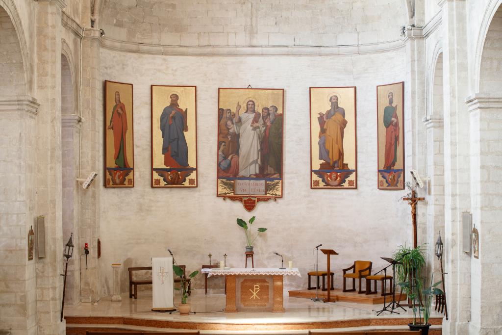 cinq tableaux : évangélistes et Jésus enseignant ; ensemble dit L'Eglise enseignante