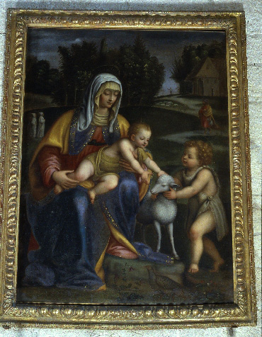 Vierge et deux enfants, Jésus et Jean-Baptiste, jouant avec un agneau