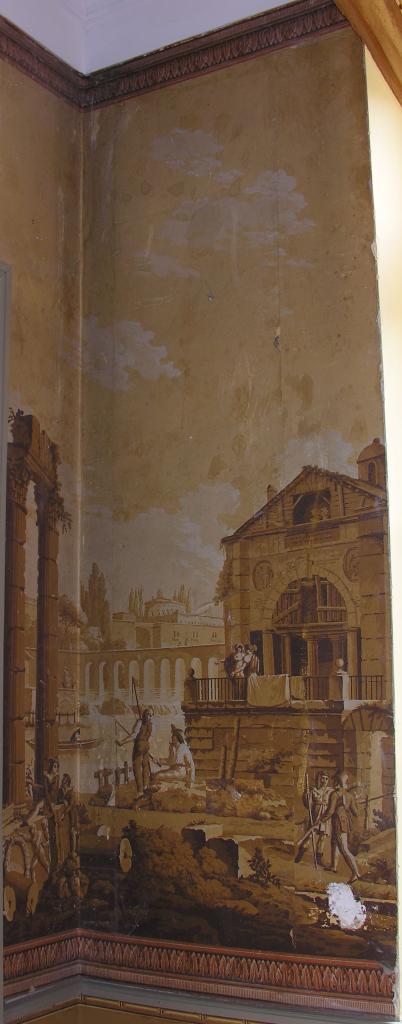 garniture architecturale : papier peint panoramique (""Campagne romaine"").