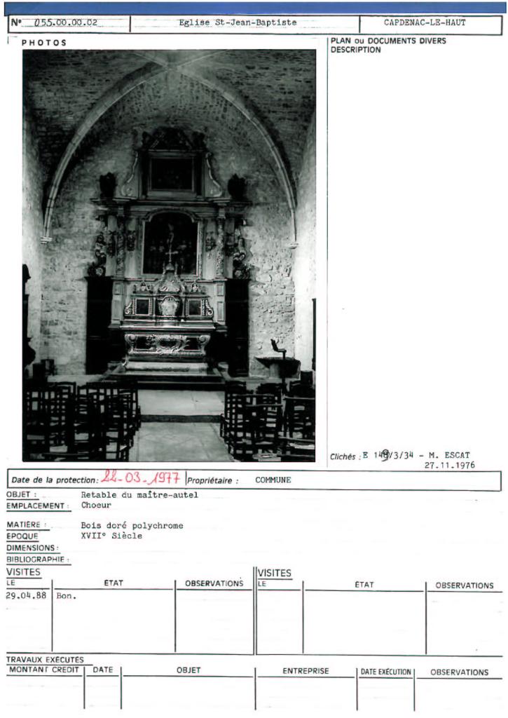 ensemble du maître-autel (autel, tabernacle, retable et tableaux de La Crucifixion et saint Jean-Baptiste)