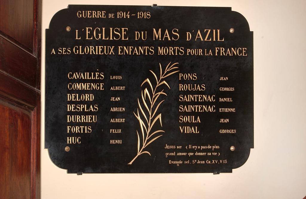 plaque commémorative des morts de la guerre de 1914-1918