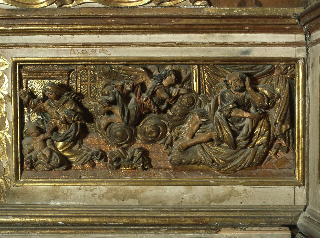 prédelle du retable des Archanges : épisode du Mont Gargan ; fuite en Eypte ; songe de Joseph ; départ de l'archange Raphaël