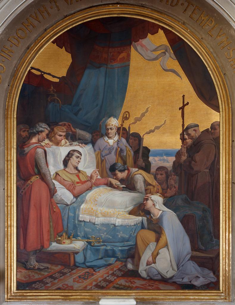 Tableau : saint Louis mourant remettant ses pouvoirs à son fils Philippe