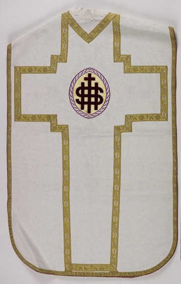 chasuble blanche avec manipule, voile de calice et bourse de corporal (n° 21)